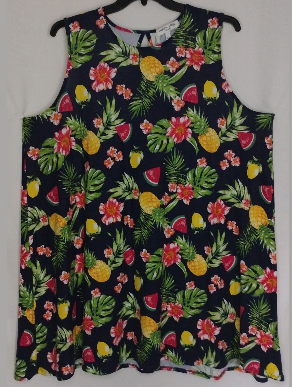 Women's Size 3X Tropical Fruits Hawaiian Print Flowy Sleeveless Tunic Top Blouse